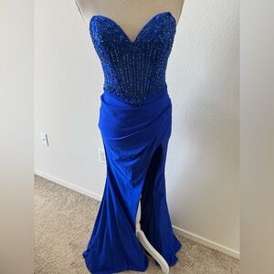 Strapless Beaded Royal Blue Prom Gown
